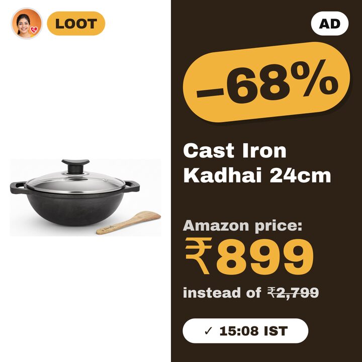 Lifelong Cast Iron Kadhai 24 cm, 3.3 L with Glass Lid